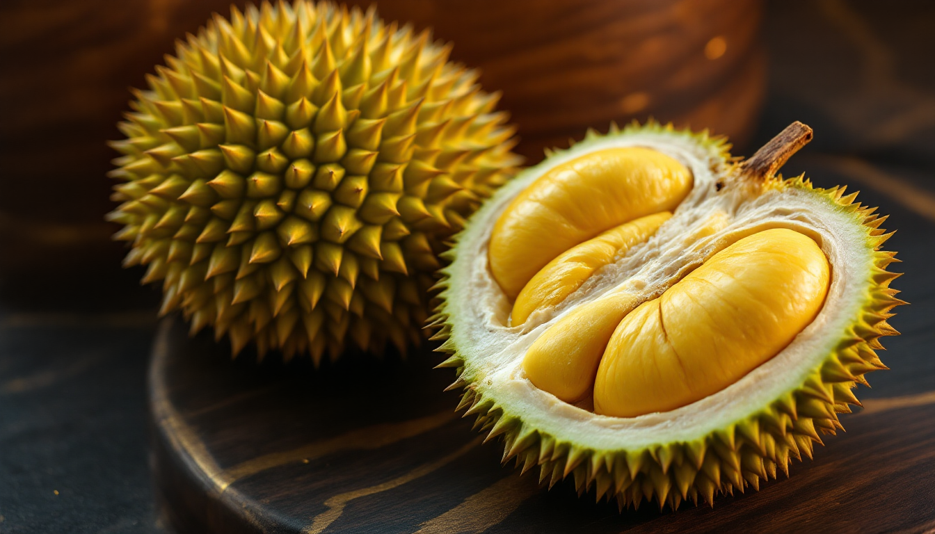 말레이시아 무상킹 두리안의 고급스러운 황금빛 과육과 껍질 전면 클로즈업