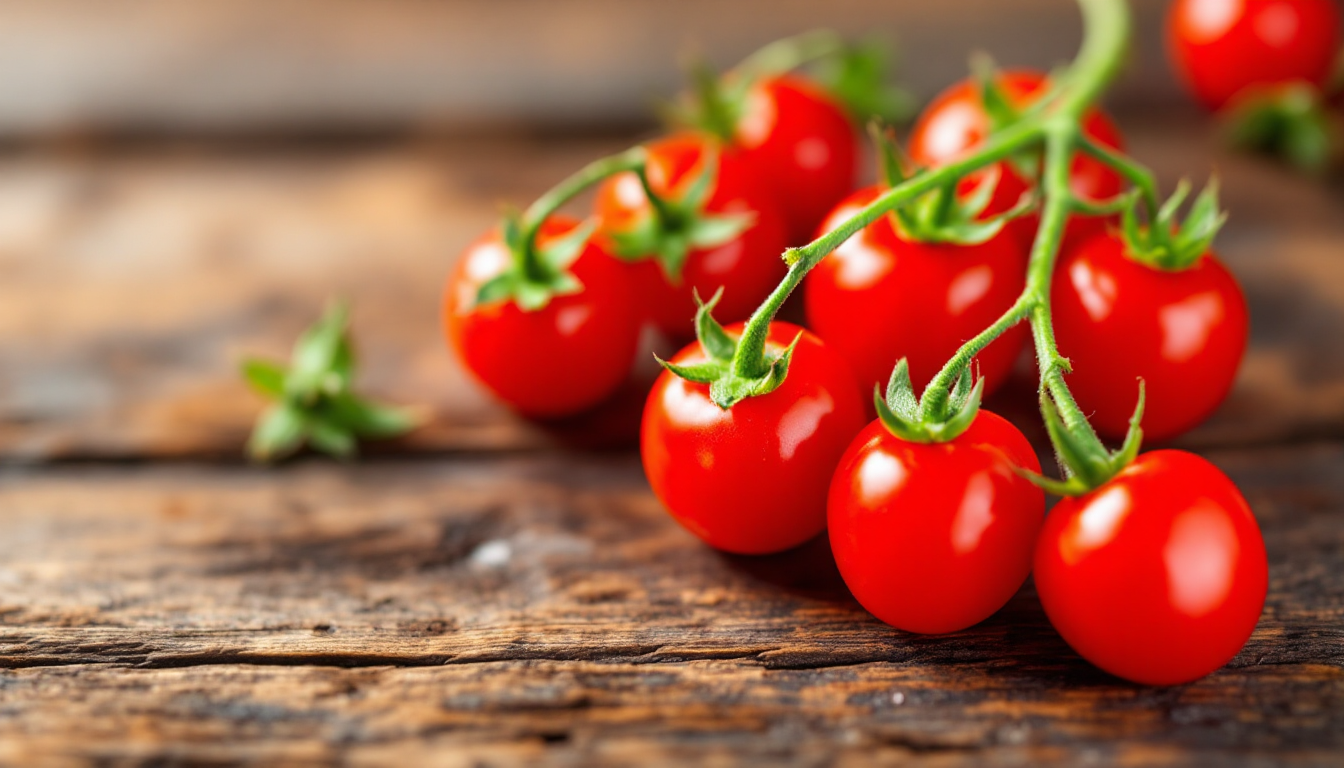 신선한 대추방울토마토 꼭지와 매끈한 껍질, 균일한 색상으로 신선함을 강조한 이미지