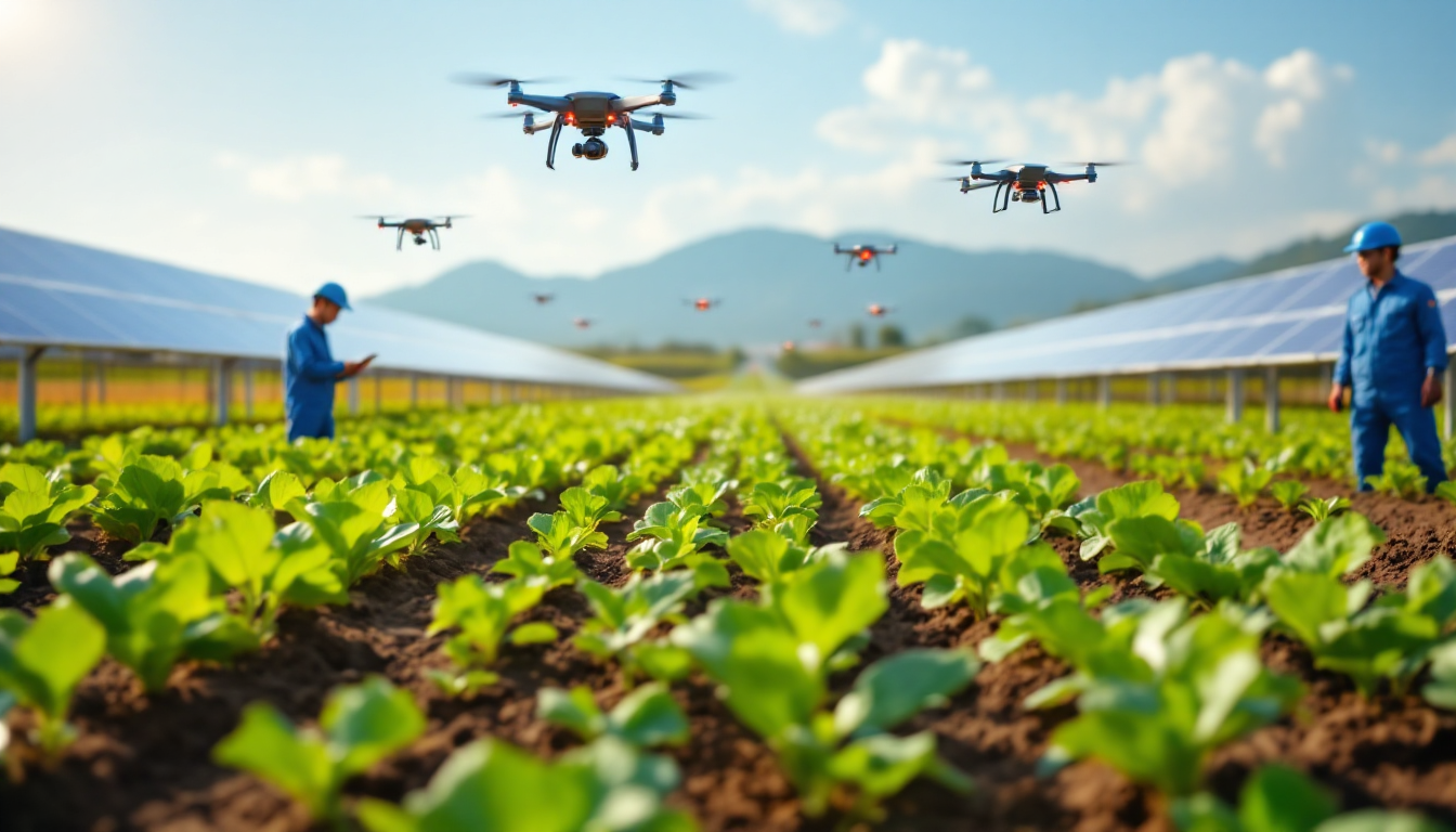 2025년 베트남 첨단 기술이 적용된 유기농 농업 현장 드론과 센서 등이 보인다