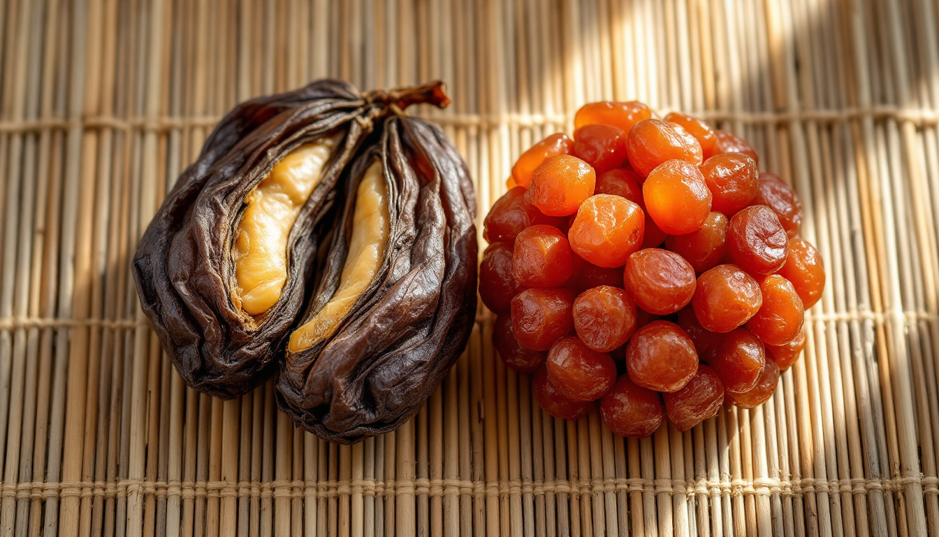 말린 용안과 말린 대추의 질감 대비를 보여주는 이미지