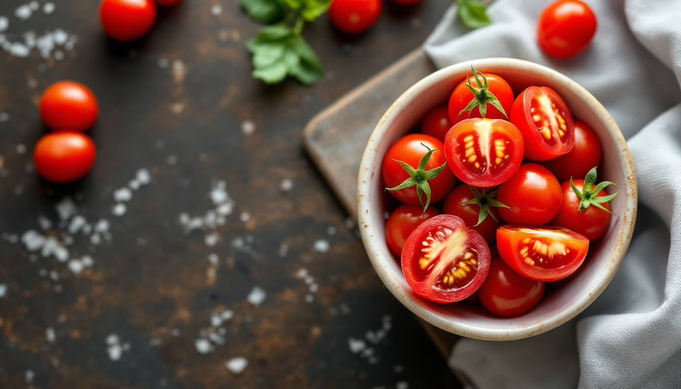 대추방울토마토 효능을 상징하는 건강 아이콘들과 함께 잘린 대추방울토마토의 모습