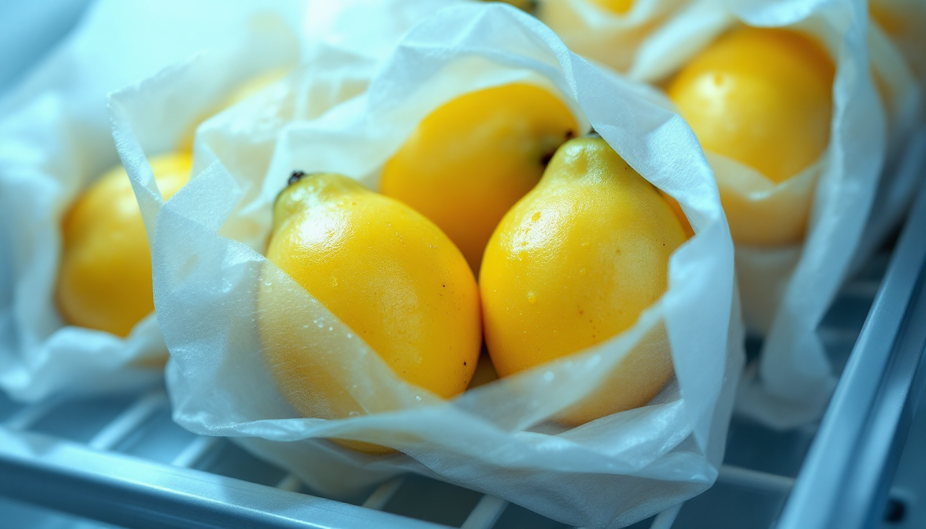 냉장고 신선실에서 키친타월로 감싸진 용안을 통풍이 잘 되는 비닐 팩에 보관하는 모습