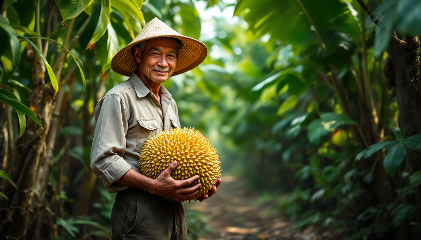 메콩 델타에서 Ri6 두리안을 들고 있는 베트남 농부의 사진