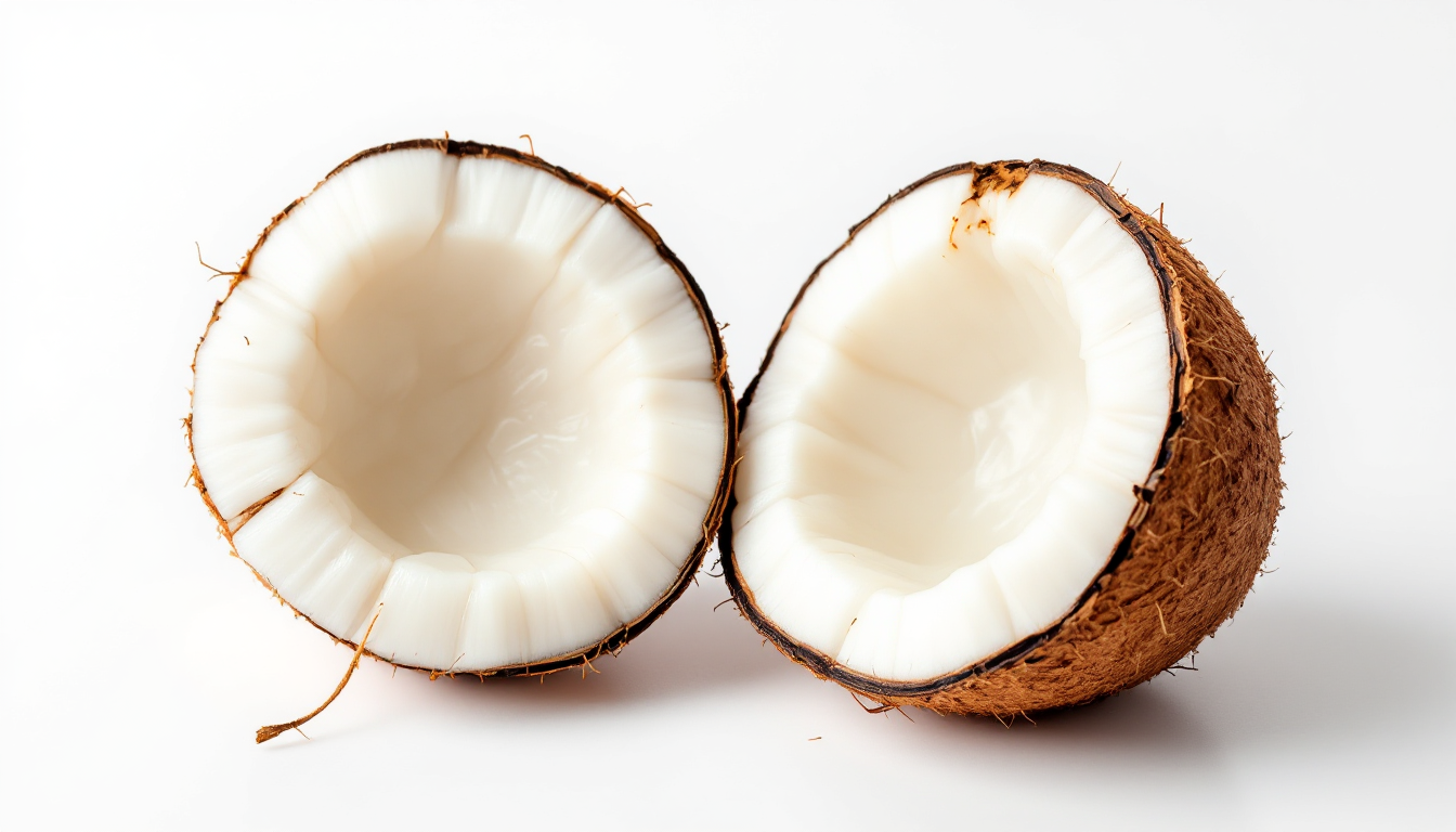 마카푸노 코코넛의 전면과 반으로 자른 모습, 투명하고 젤리 같은 과육이 보인다