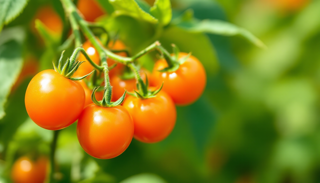 정원에서 햇빛을 받으며 익어가는 밝고 주황색 선골드 방울토마토 송이