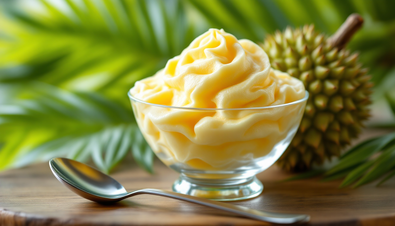 투명한 그릇에 담긴 크리미하고 부드러운 냉동 두리안 디저트 아이스크림