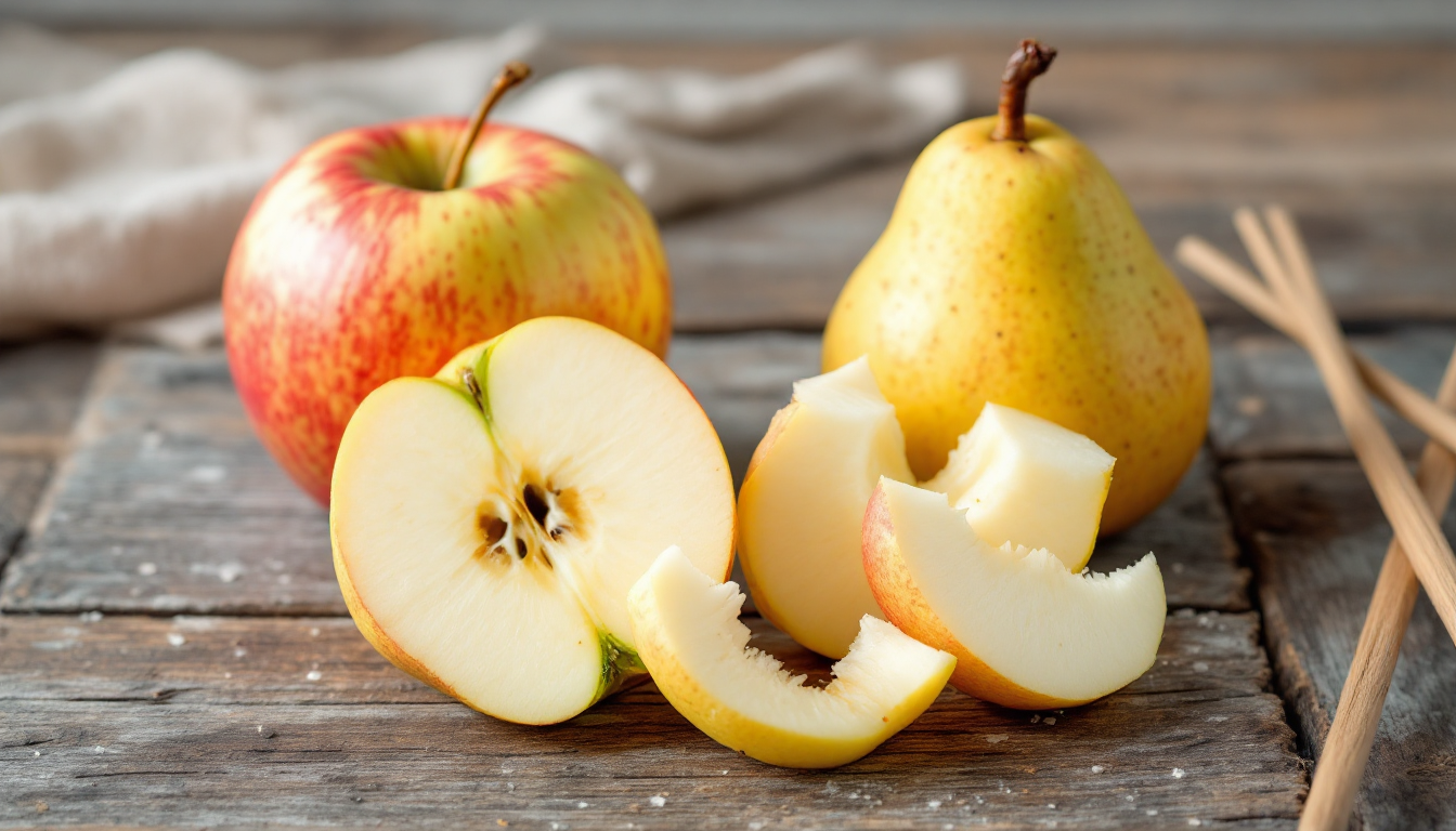 아삭한 과일인 풋사과와 아시안 배를 스타후르츠 조각과 함께 배치한 사진