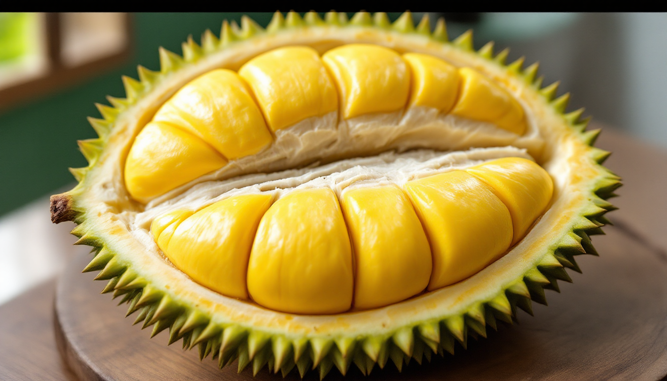Ri6 두리안의 전체 모습과 밝은 황금빛 과육 단면을 보여주는 고화질 사진