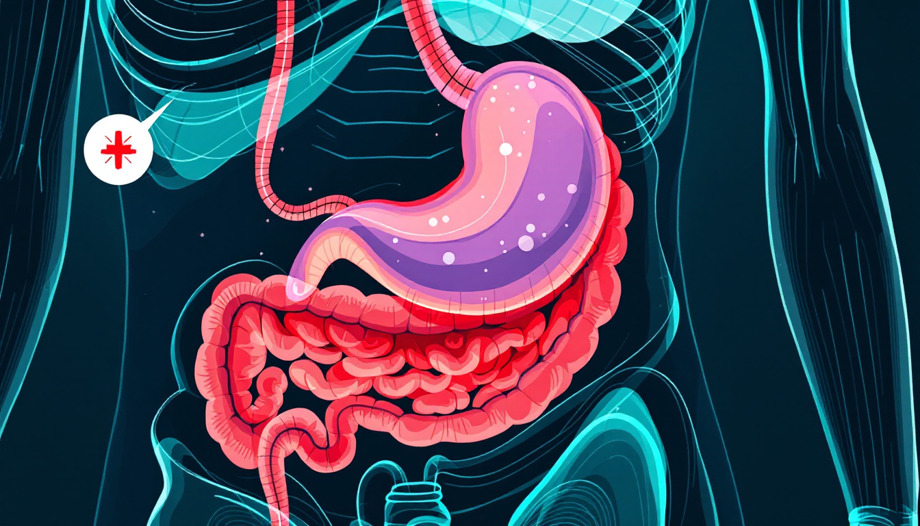 소화기에 팽만감과 소화불량 증상을 나타내는 위 영역 강조, 복부를 잡고 불편한 표정인 사람 이미지