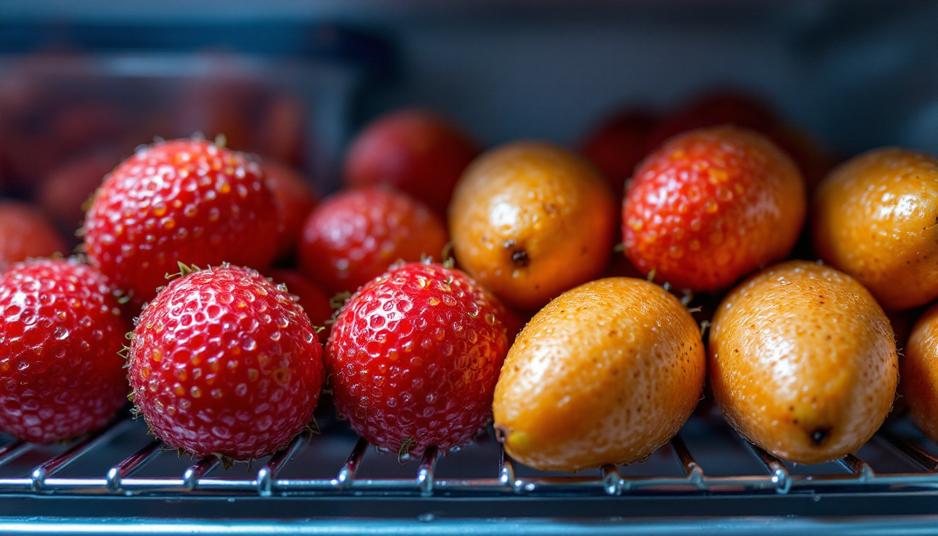 냉장고 안에 보관된 신선한 리치와 용안 과일, 적절한 보관법을 보여주는 이미지