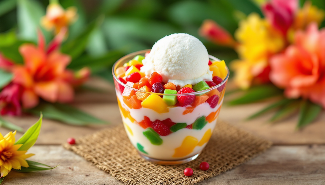 팥, 과일 칵테일, 나타드코코 젤리, 마카푸노 아이스크림이 올라간 필리핀 전통 디저트 할로할로