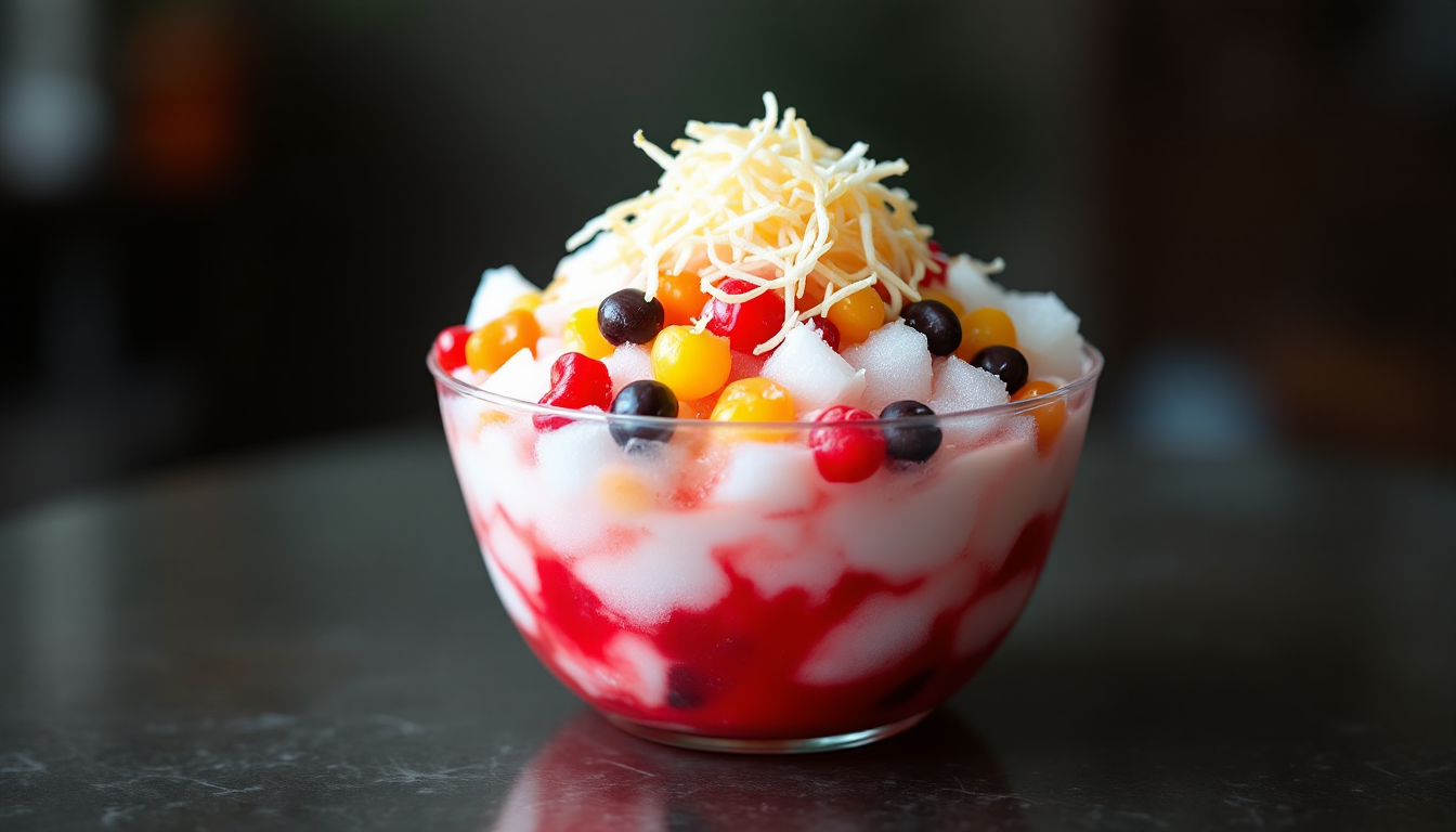 필리핀 전통 디저트 할로할로, 투명한 유리볼에 다채로운 재료와 마카푸노 코코넛 스트링 토핑이 올려진 모습