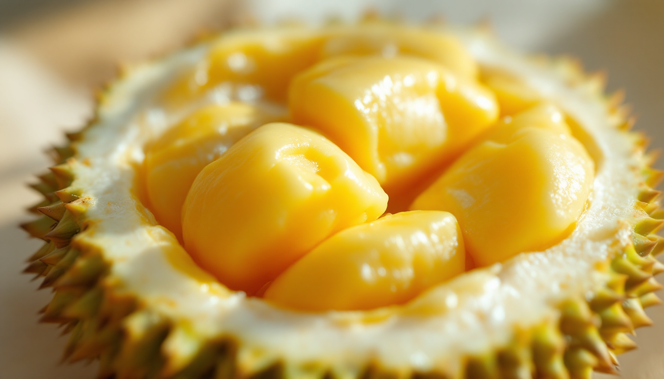 황금빛 진한 두리안 속살과 부드럽고 크리미한 질감의 Ri6 두리안 과육