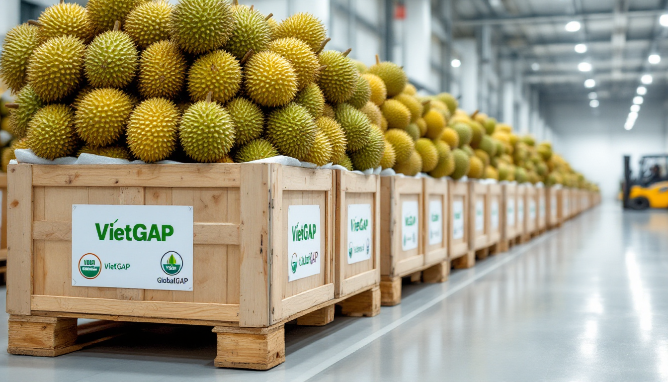 VietGAP와 GlobalGAP 인증 라벨이 붙은 엄격한 품질 관리 아래 포장된 두리안 과일 상자