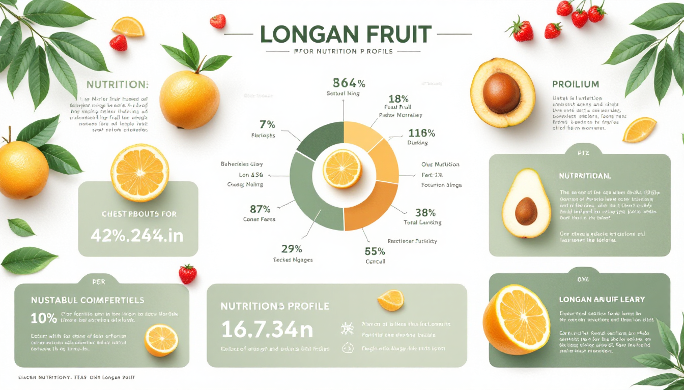 용안 과일의 비타민 C, 칼륨, 구리, 당류 함량을 보여주는 영양 정보 인포그래픽