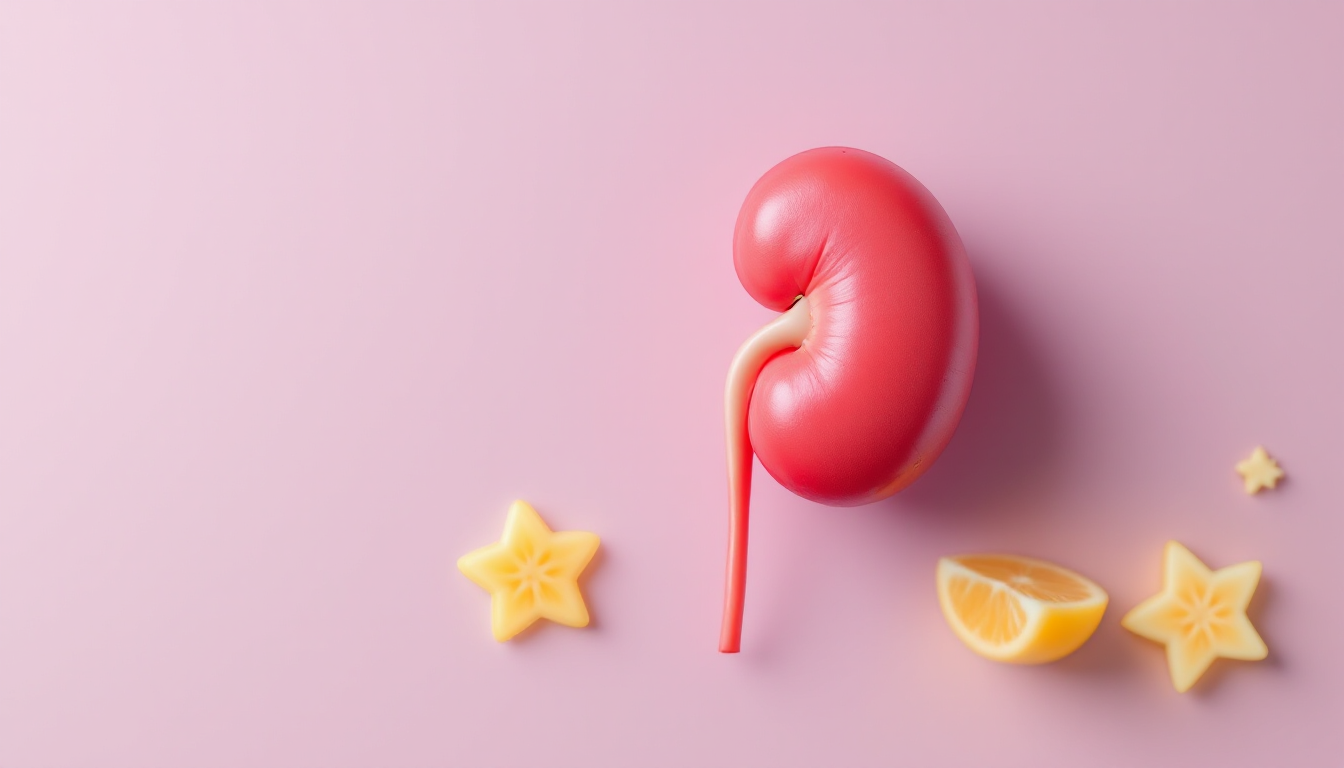 신장 질환자의 스타후르츠 섭취 금지를 알리는 경고 표지와 신장 모형, 스타후르츠 사진