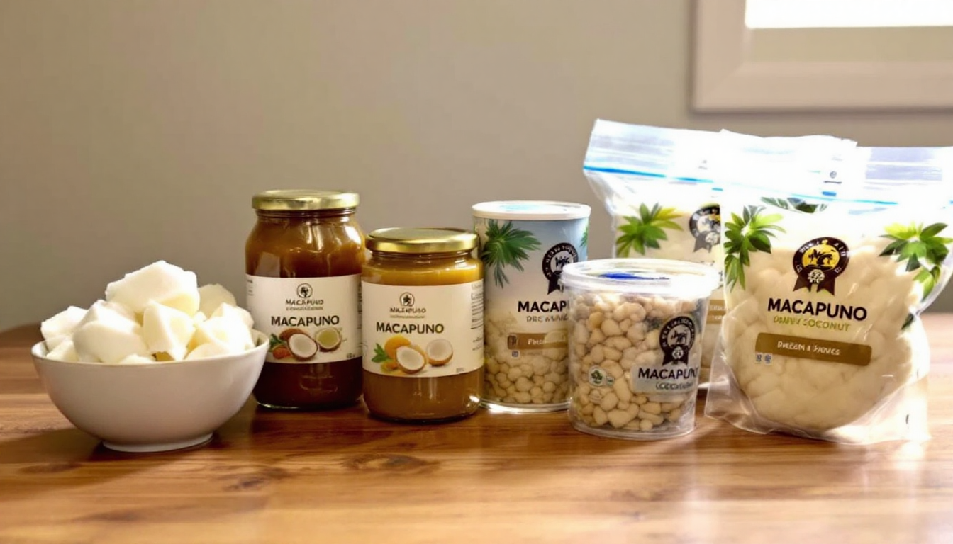 신선 과육, 병조림, 냉동 및 건조 형태 등 다양한 마카푸노 코코넛 제품과 보관 형태를 주방에서 보여주는 이미지