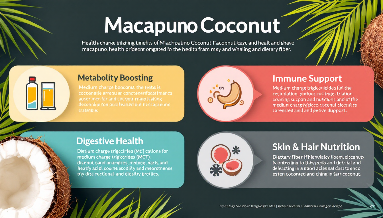 마카푸노 코코넛의 건강 효능을 아이콘과 함께 알기 쉽게 정리한 인포그래픽