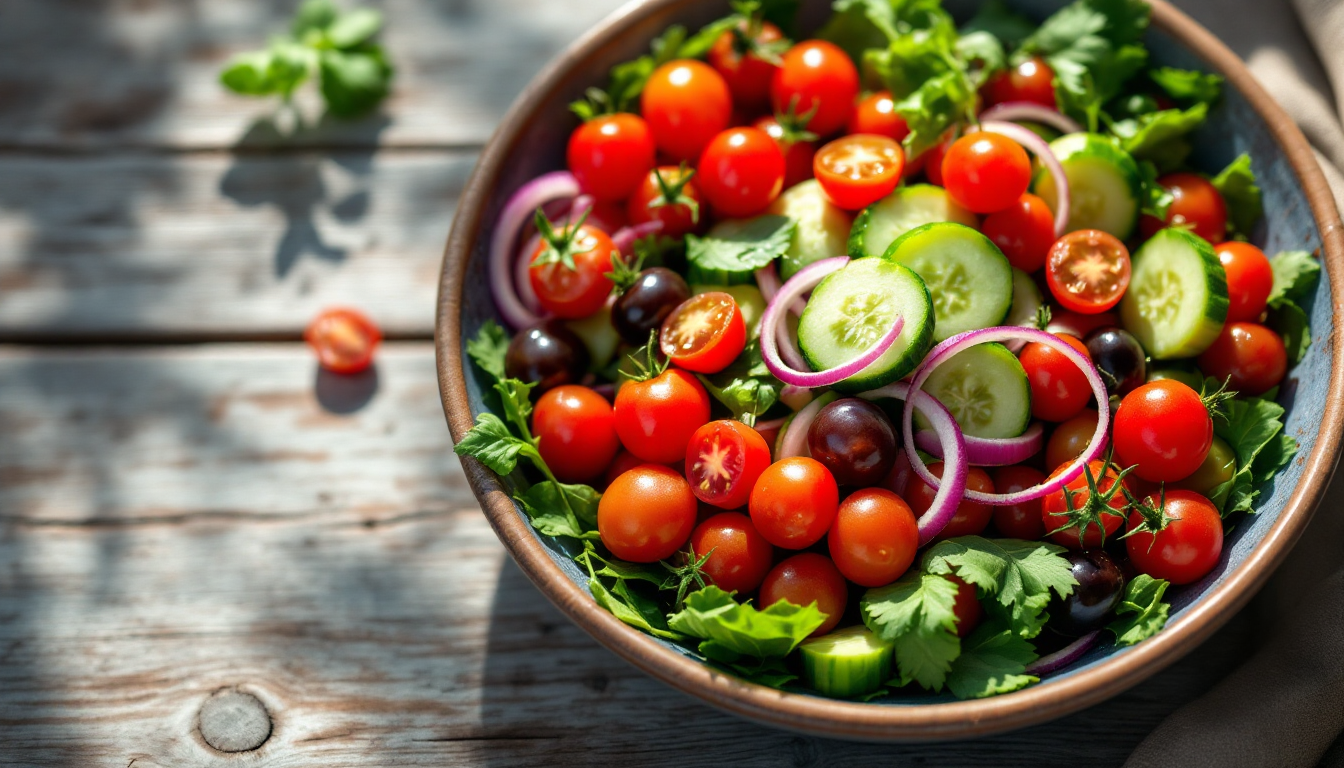 다양한 방울토마토 품종과 신선한 채소가 어우러진 샐러드가 나무 탁자 위에 담겨 있는 모습