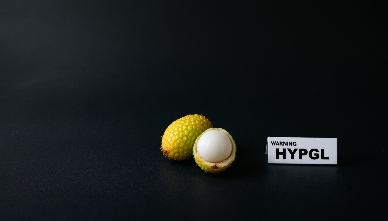 덜 익은 리치 과일과 저혈당 경고를 나타내는 주의 이미지
