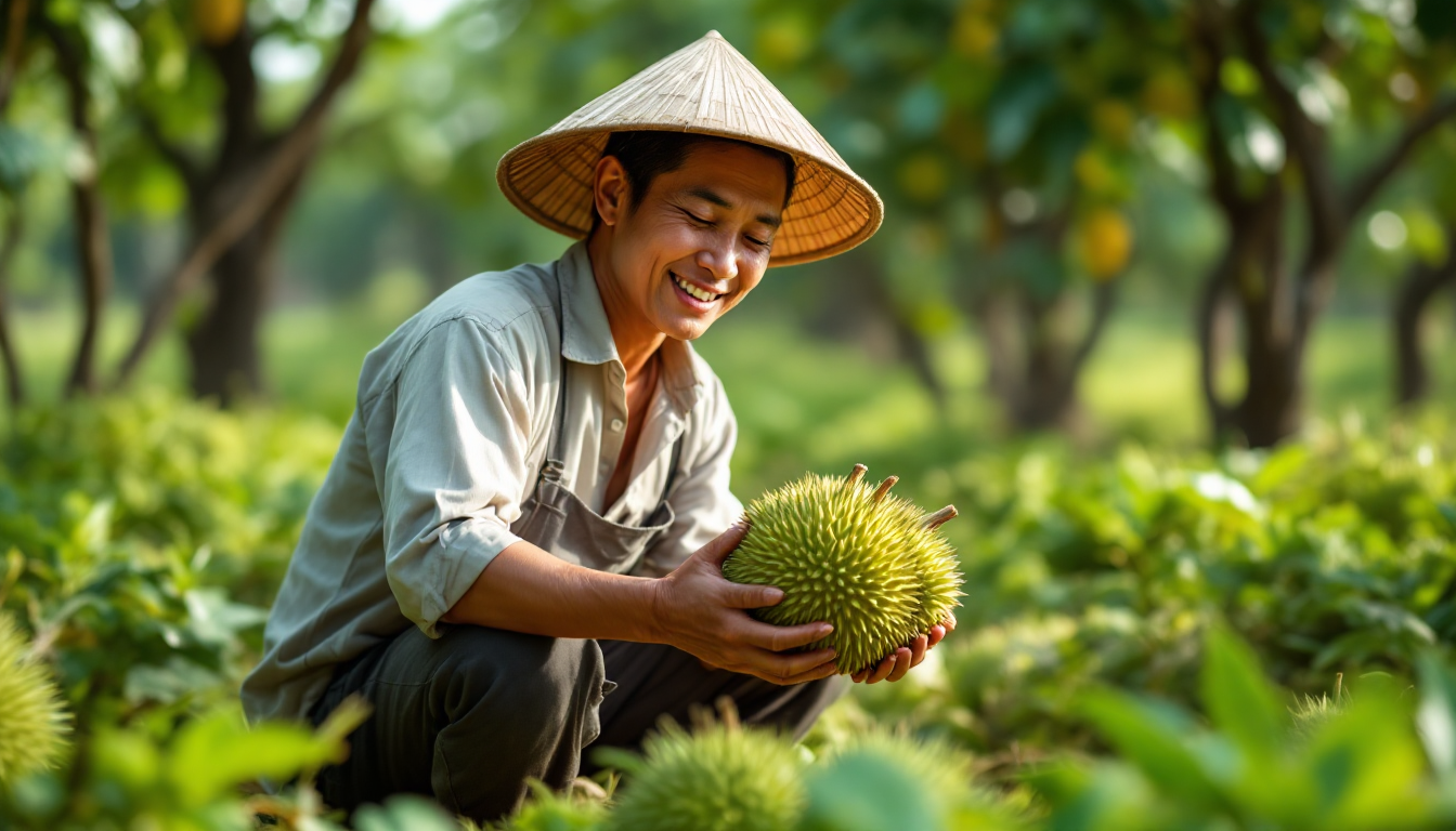 메콩 델타 농장에서 Ri6 두리안을 자랑스럽게 든 베트남 농부의 모습