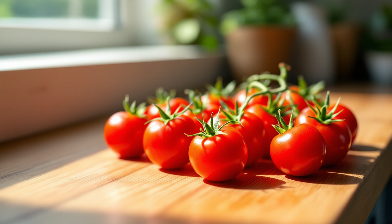 신선한 붉은 대추방울토마토가 초록 꼭지와 함께 주방 조리대 위에 놓여 있는 모습