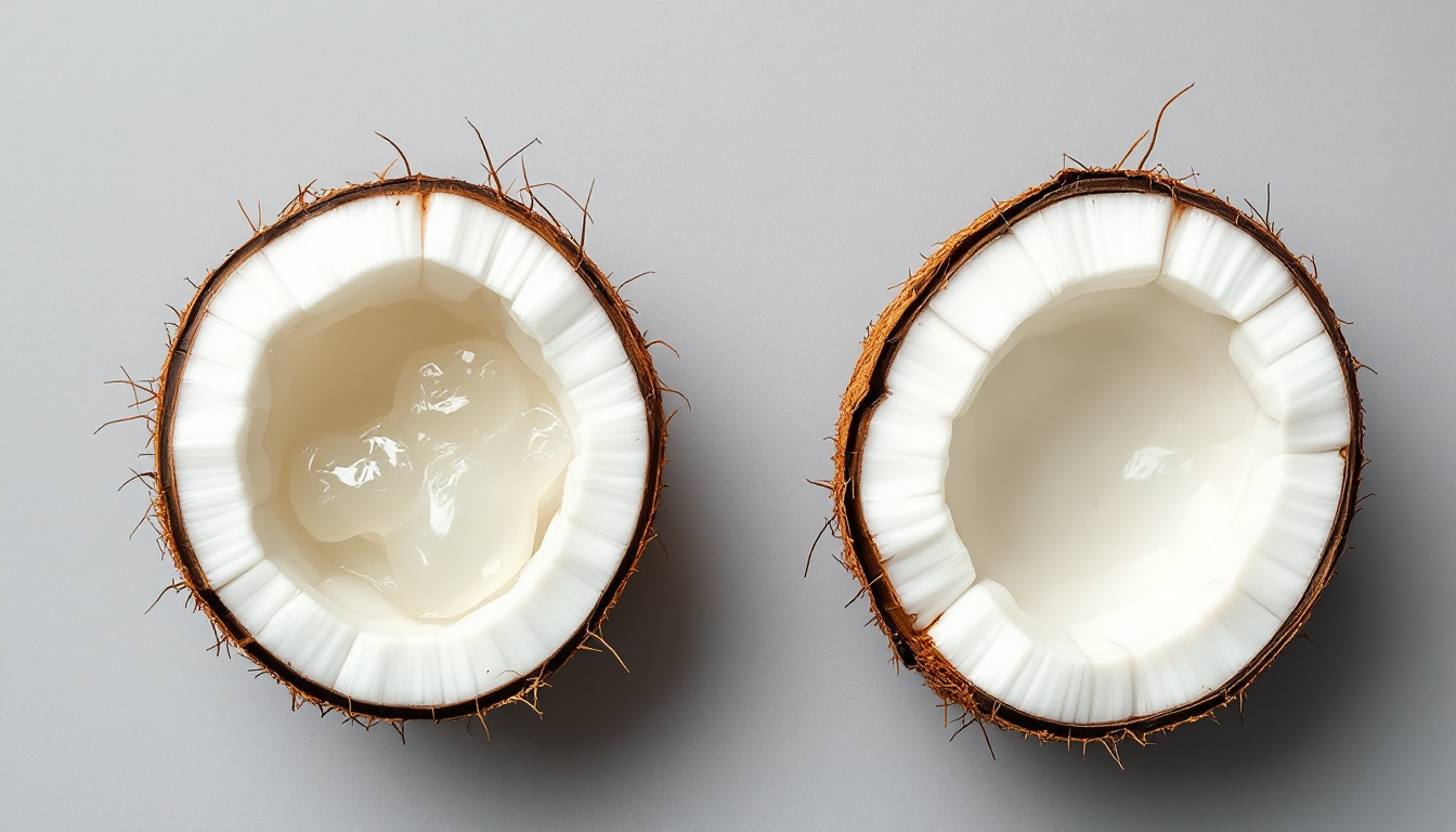 마카푸노 코코넛과 일반 코코넛의 내부 단면 비교 모습, 젤리 같은 과육과 단단한 흰 과육 및 코코넛워터 대조