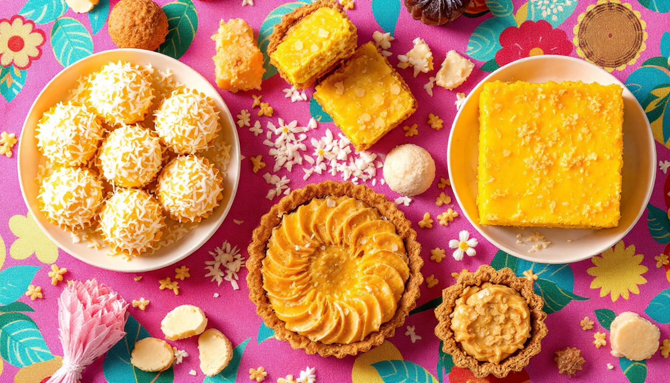 전통적인 필리핀 마카푸노 코코넛 과자들: 코코넛 가루를 묻힌 마카푸노 캔디 볼, 황금색 크러스트의 마카푸노 타르트, 퍼지바 케이크가 놓인 모습