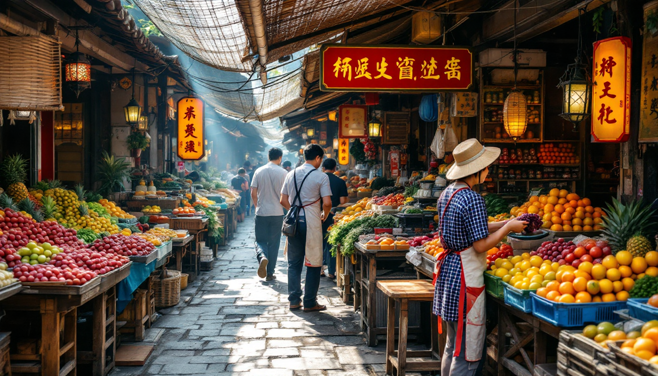 활기찬 전통 대만 과일 시장의 모습