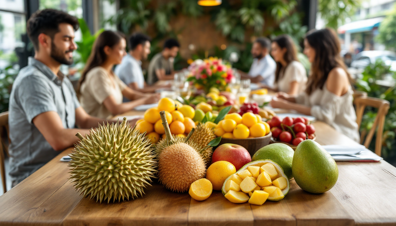 세계 시장으로 향하는 베트남산 유기농 과일과 두리안을 즐기는 다양한 사람들 모습