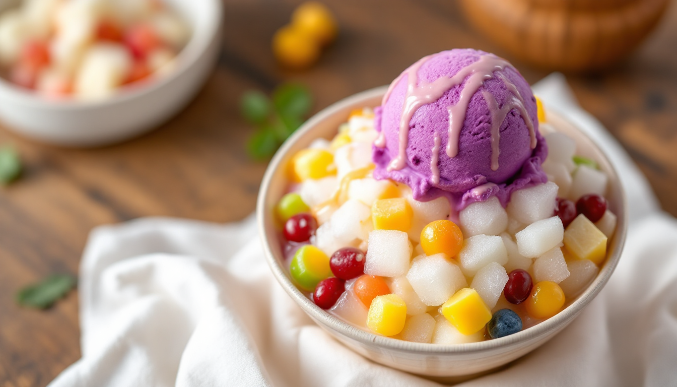 얼음, 연유, 단팥, 젤리(투명한 마카푸노 포함), 우베 아이스크림이 어우러진 다채로운 할로할로 디저트