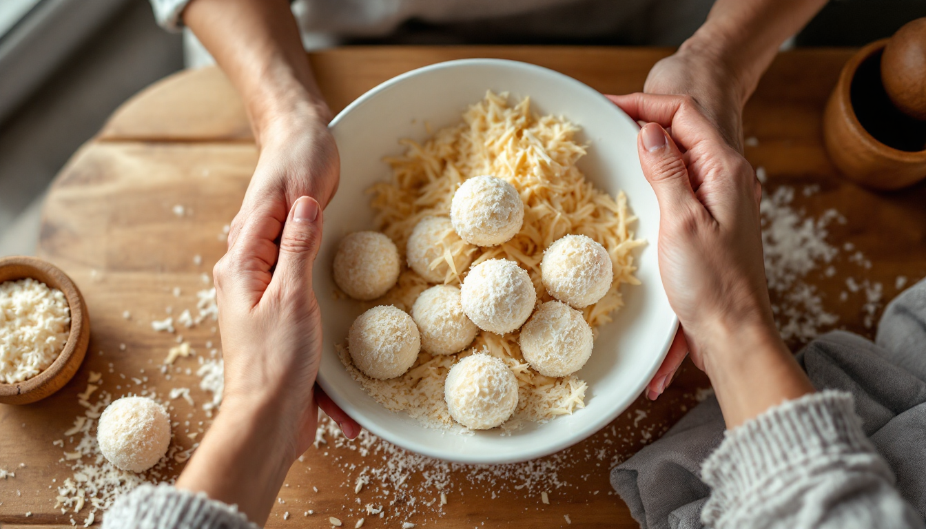 주방 테이블에서 마카푸노 스트링과 연유를 섞어 동그란 마카푸노 볼을 만드는 모습 클로즈업