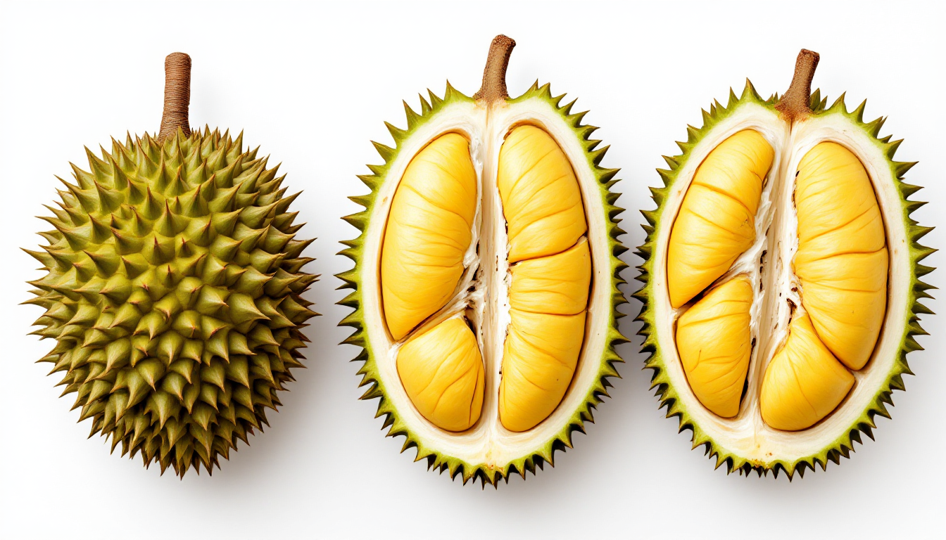 Ri6, 몬통, 무상킹 두리안 세 가지 품종을 비교하는 삼분할 이미지