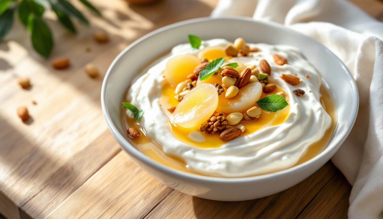 플레인 요거트 위에 생용안과 견과류, 꿀을 올린 건강한 아침 식사