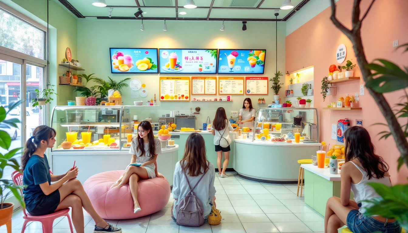 대만 과일 디저트 맛집 내부와 과일 디저트들을 즐기는 사람들 모습