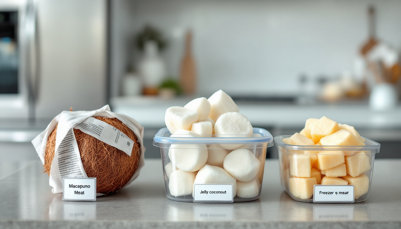 마카푸노 코코넛 통째 보관, 냉장 밀폐용기 보관, 냉동 저장법을 보여주는 주방 사진