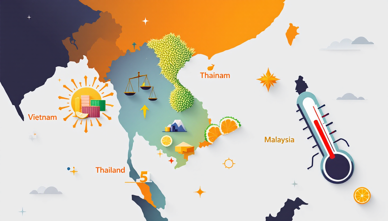 동남아시아 지도와 각국 두리안 특징과 시장 동향을 시각적으로 나타낸 일러스트리