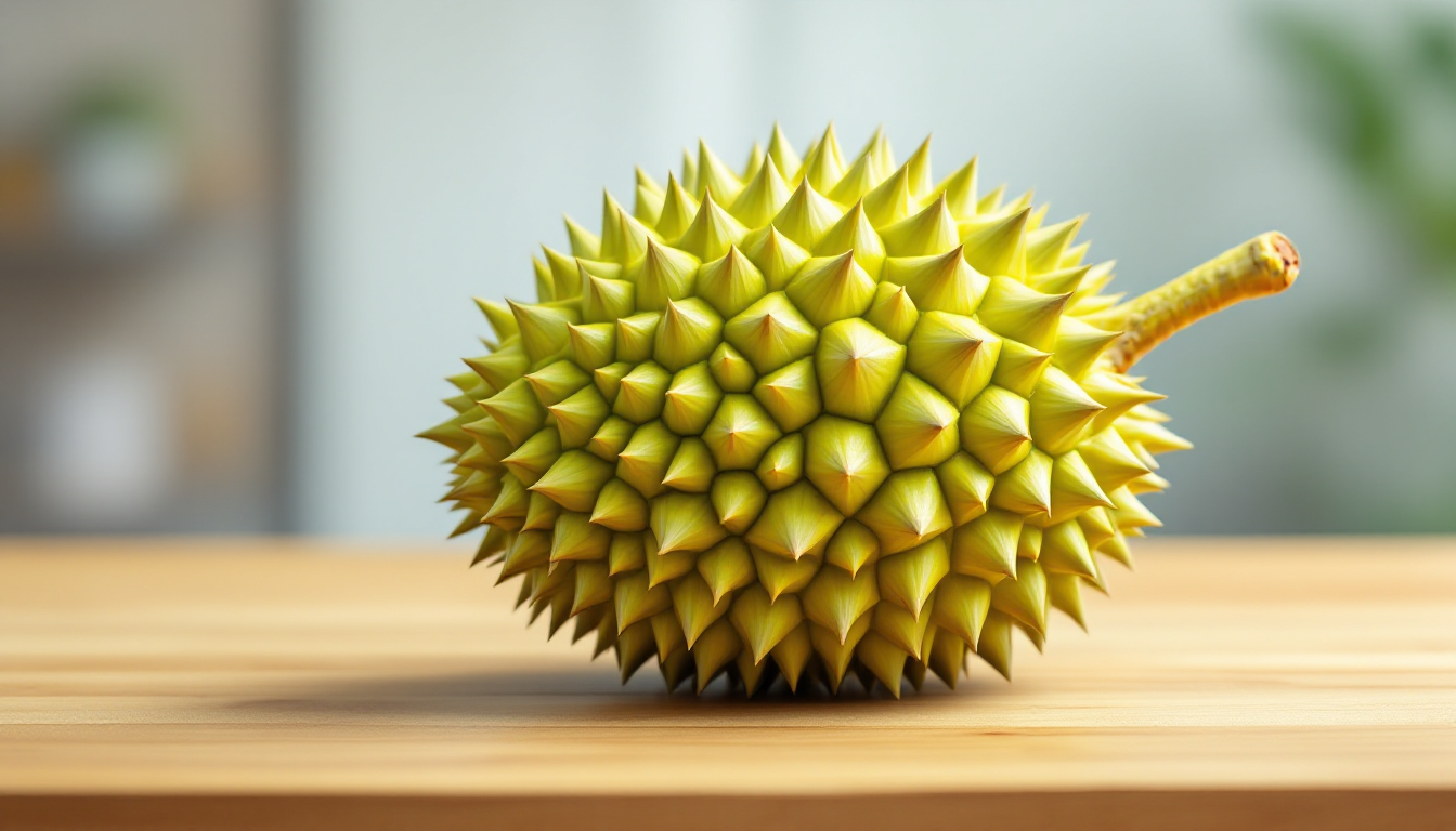 두꺼운 가시와 연두색을 띠는 Ri6 두리안의 둥글고 타원형 외형