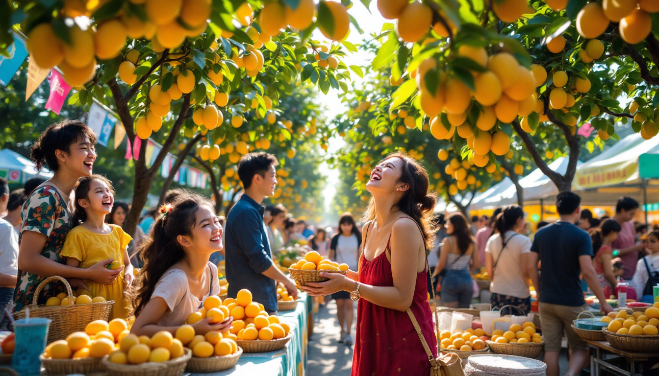 타이난 국제 망고 축제 현장에서 가족들이 망고를 따고 맛있는 망고 디저트를 즐기는 모습
