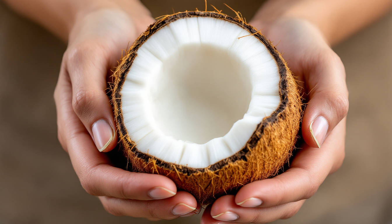 손으로 마카푸노 코코넛을 들고 흔들어 물소리가 나지 않는 신선한 상태를 점검하는 모습