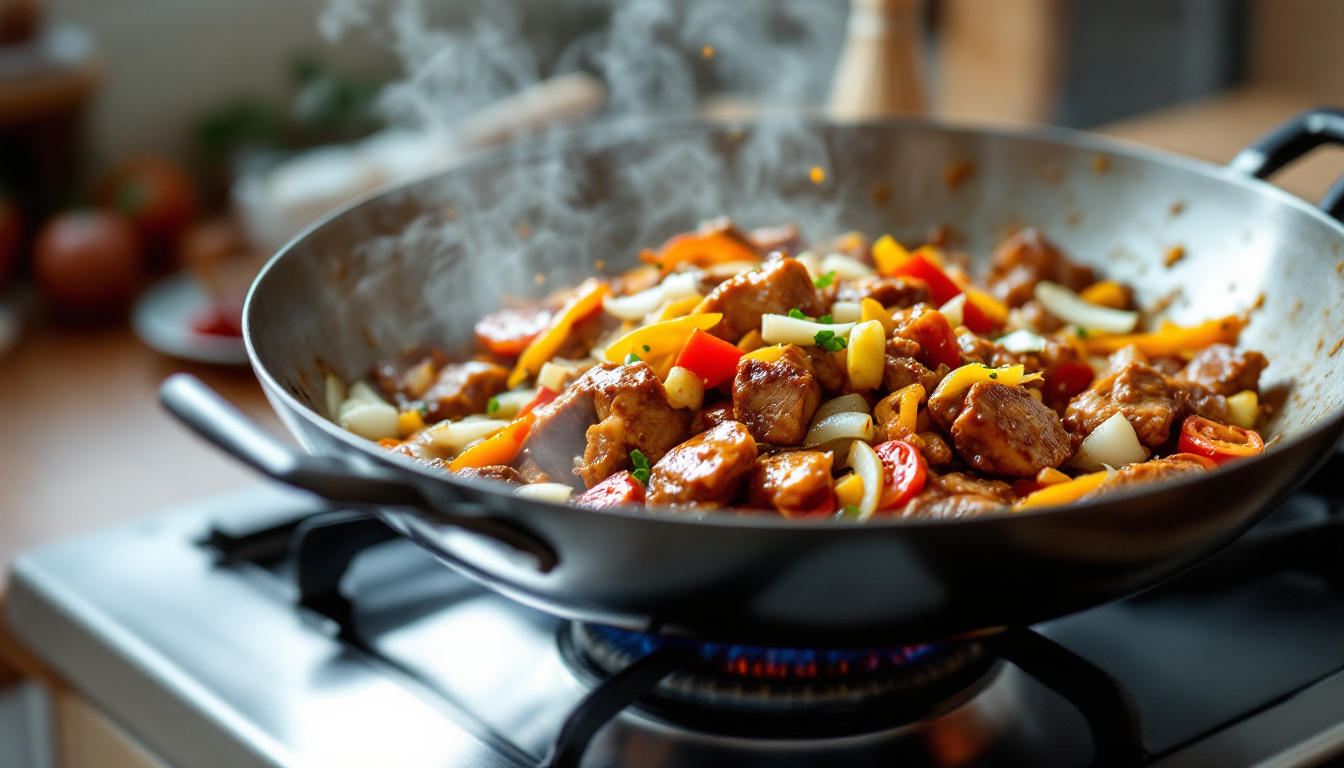 돼지고기와 방-울토마토를 볶는 요리 장면