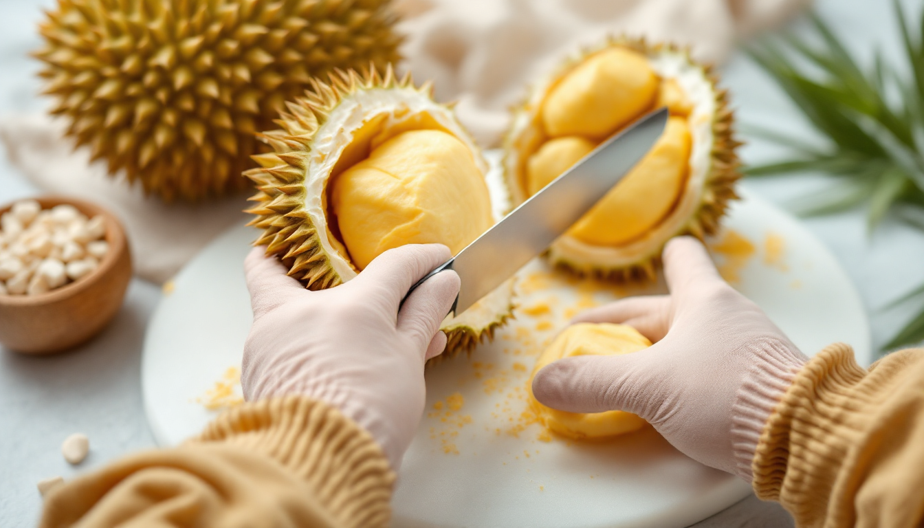 두꺼운 장갑을 착용하고 안전하게 두리안을 손질하는 장면, 하얀 도마 위에서 과육을 분리 중인 모습