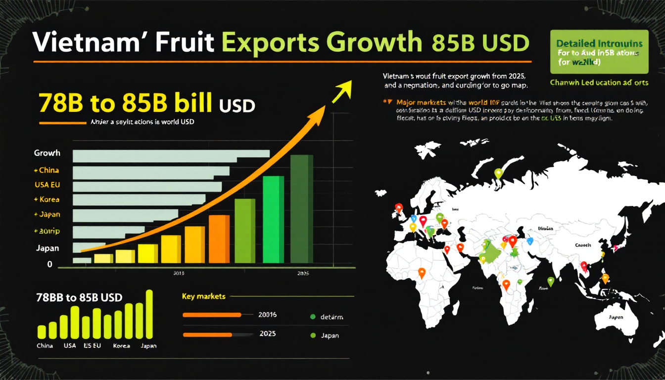 2025년 베트남 과일 수출 성장 수치와 주요 수출 시장을 나타내는 인포그래픽