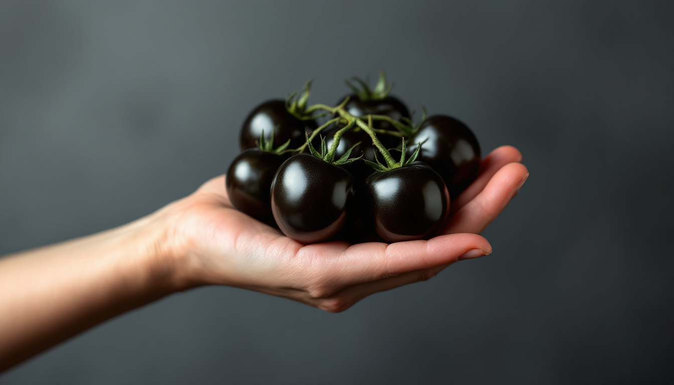 어두운 배경 앞에서 검붉은색 광택이 나는 블랙 체리 방울토마토를 손에 든 모습