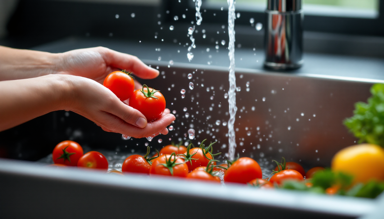 싱싱한 대추방울토마토를 흐르는 물에 씻고 식초물에 담그는 손질 과정