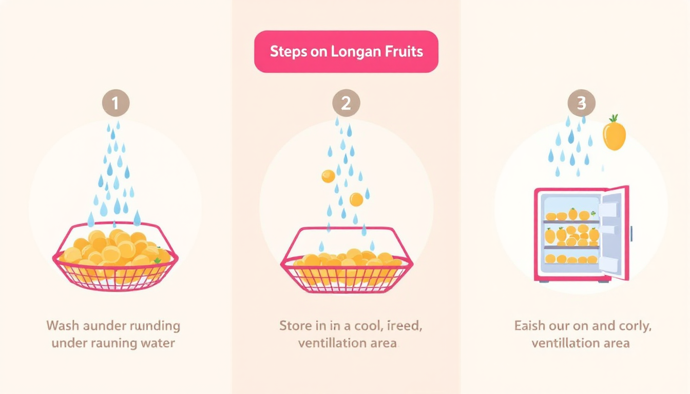 용안 과일을 흐르는 물에 세척하고 서늘한 곳과 냉장고에 보관하는 방법을 보여주는 단계별 인포그래픽