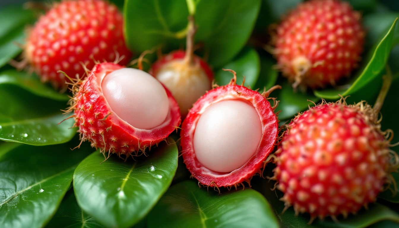 리치와 용안 과일과 녹색 잎 사이로 항산화 효능을 강조하는 이미지