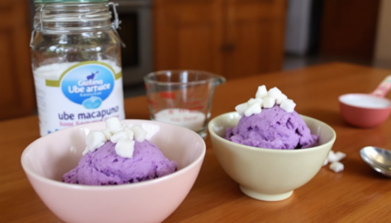 필리핀 전통 우베 마카푸노 아이스크림을 보여주는 홈메이드 아이스크림 컵 사진