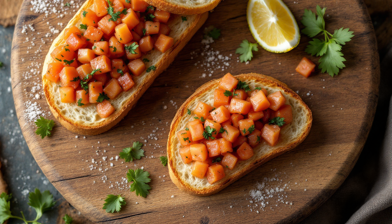 바삭하게 구운 바게트에 마늘과 마리네이드 대추방울토마토를 올린 브루스케타