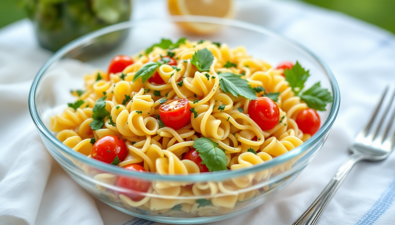 여름에 즐기는 대추방울토마토 마리네이드와 섞은 시원한 콜드 파스타 샐러드